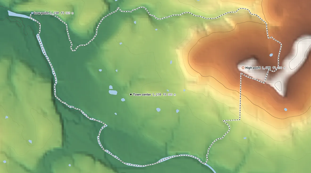 Topographic elevation map of Wesley, Arkansas, shaded from 1,190 ft on the northwest side to 1,600 ft on the east side