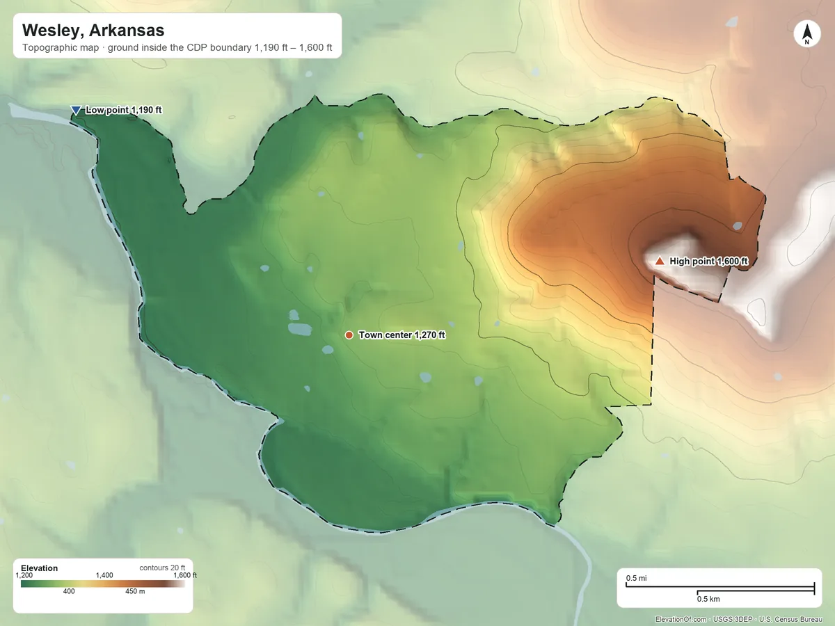 Topographic elevation map of Wesley, Arkansas, shaded from 1,190 ft on the northwest side to 1,600 ft on the east side