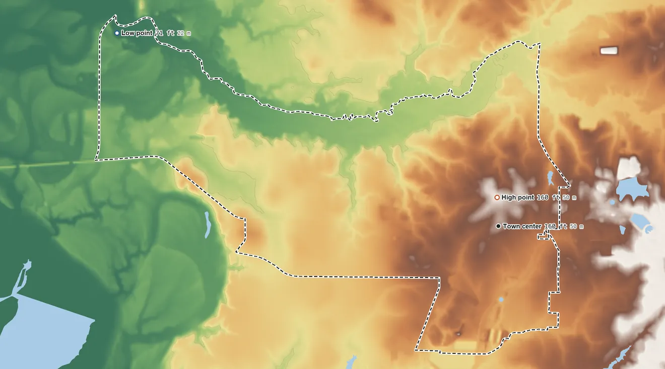 Topographic elevation map of West Crossett, Arkansas, shaded from 71 ft on the northwest side to 160 ft near the middle