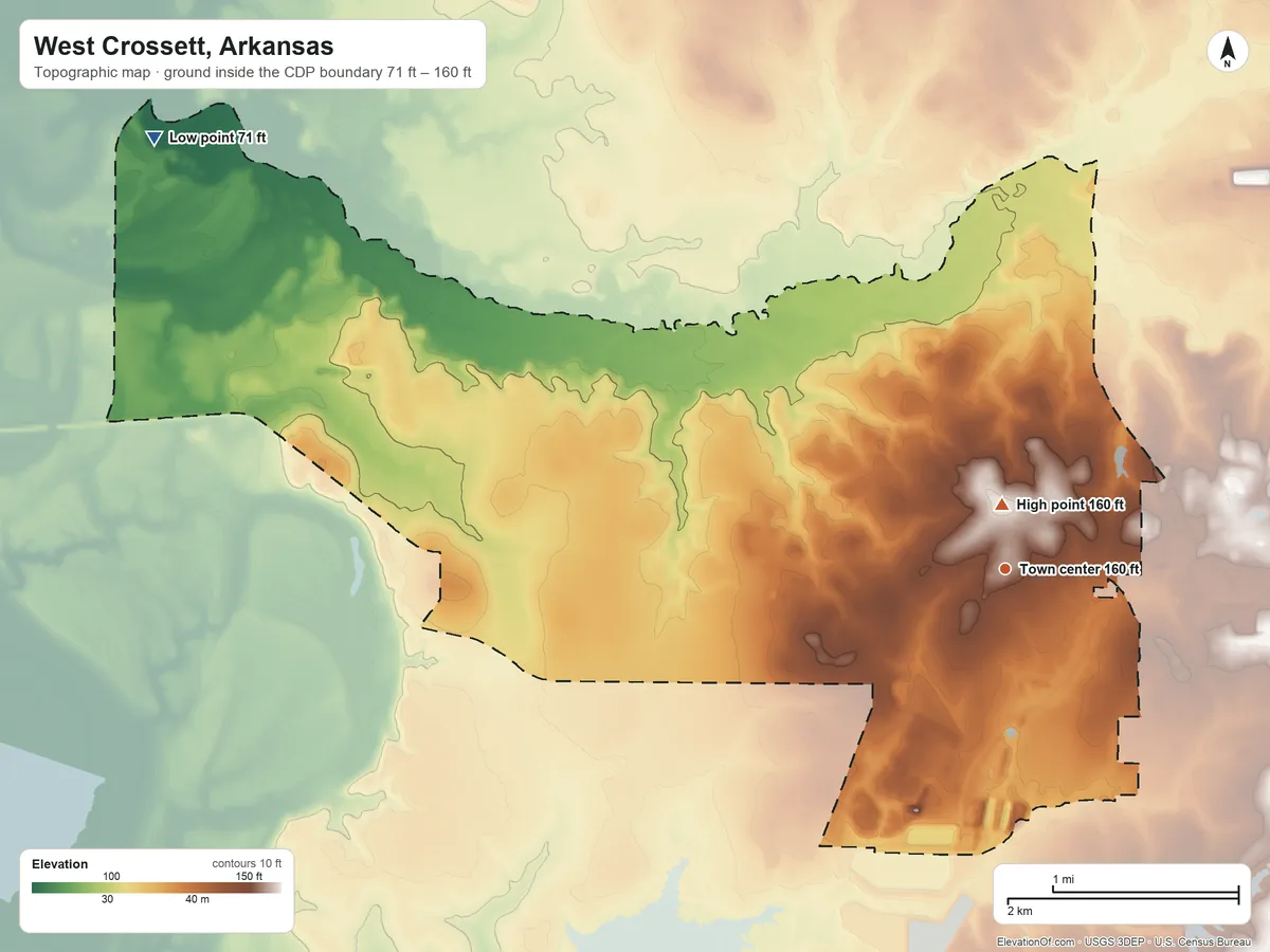 Topographic elevation map of West Crossett, Arkansas, shaded from 71 ft on the northwest side to 160 ft near the middle