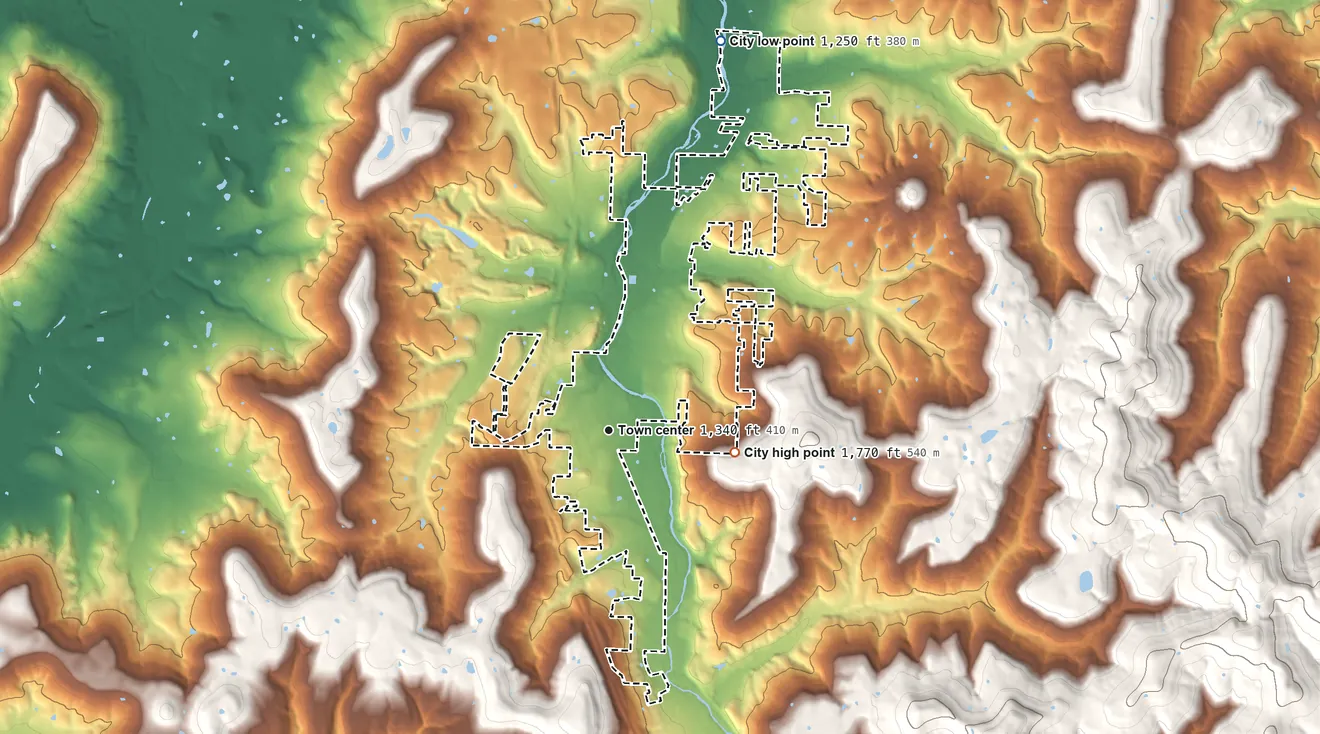 Topographic elevation map of West Fork, Arkansas, shaded from 1,250 ft on the north side to 1,770 ft on the east side
