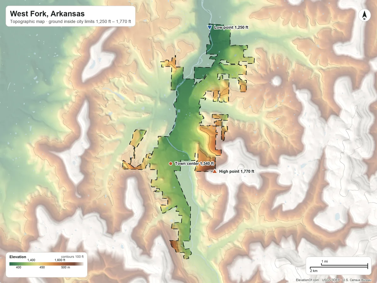 Topographic elevation map of West Fork, Arkansas, shaded from 1,250 ft on the north side to 1,770 ft on the east side