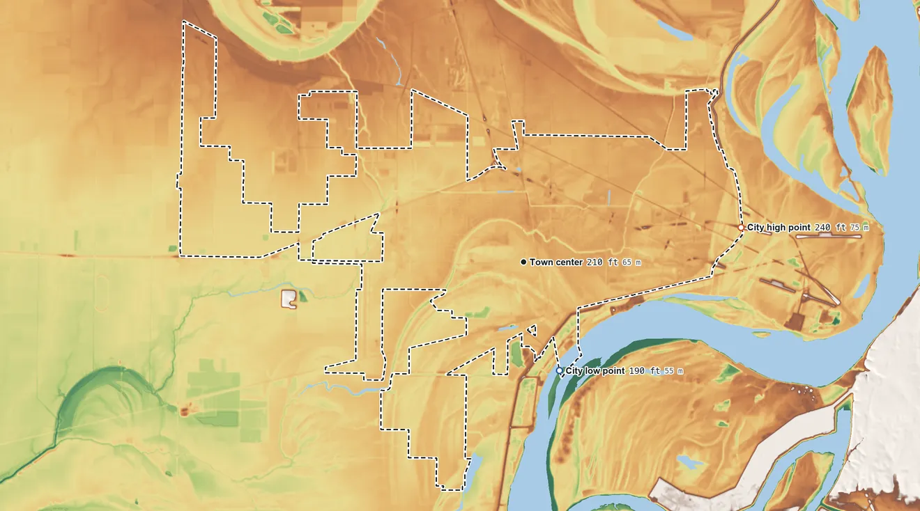 Topographic elevation map of West Memphis, Arkansas, shaded from 190 ft on the south side to 240 ft on the east side