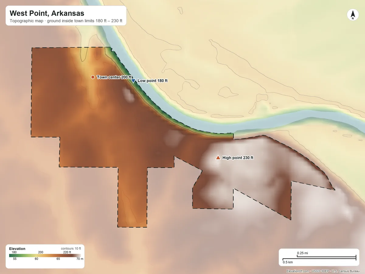 Topographic elevation map of West Point, Arkansas, shaded from 180 ft on the east side to 230 ft on the southeast side