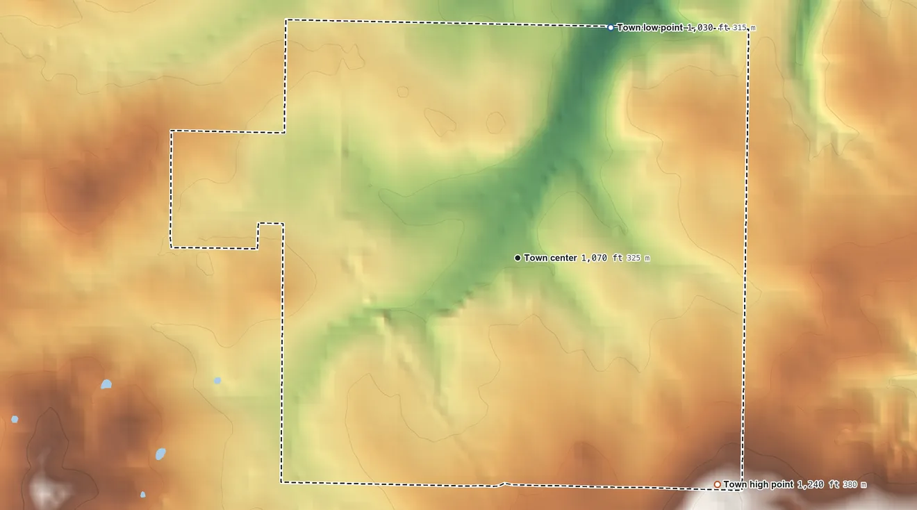 Topographic elevation map of Western Grove, Arkansas, shaded from 1,030 ft on the north side to 1,240 ft on the southeast side