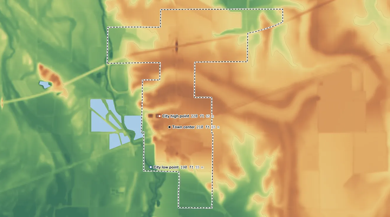 Topographic elevation map of Wheatley, Arkansas, shaded from 190 ft on the southwest side to 220 ft near the middle