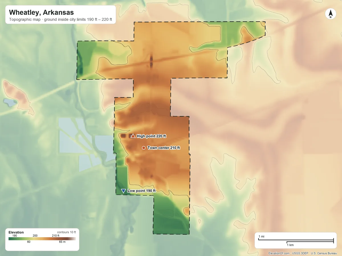 Topographic elevation map of Wheatley, Arkansas, shaded from 190 ft on the southwest side to 220 ft near the middle