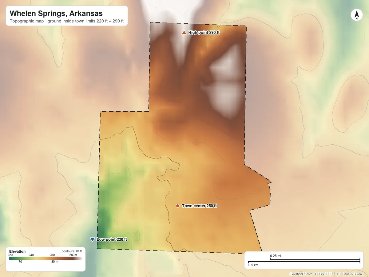 Topographic elevation map of Whelen Springs, Arkansas, shaded from 220 ft on the west side to 290 ft on the north side