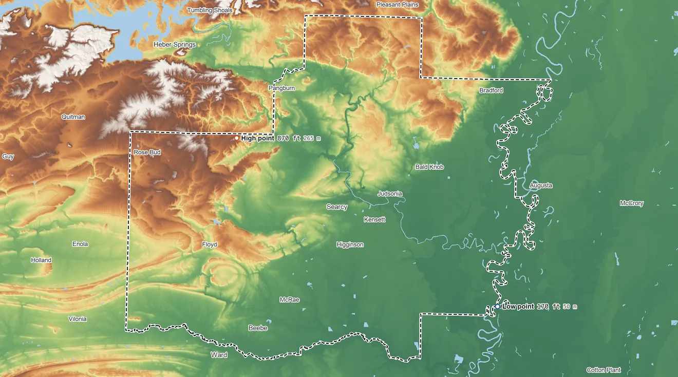 Topographic elevation map of White County, Arkansas, shaded from 170 ft on the southeast side to 870 ft on Lookout Mountain