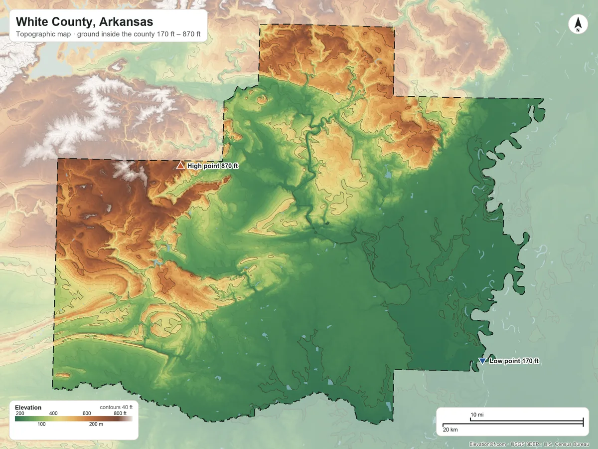 Topographic elevation map of White County, Arkansas, shaded from 170 ft on the southeast side to 870 ft on Lookout Mountain