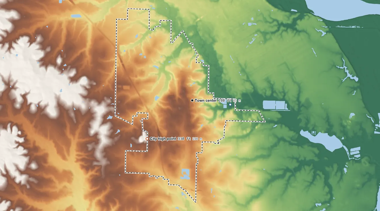 Topographic elevation map of White Hall, Arkansas, shaded from 210 ft on the east side to 330 ft on the southwest side
