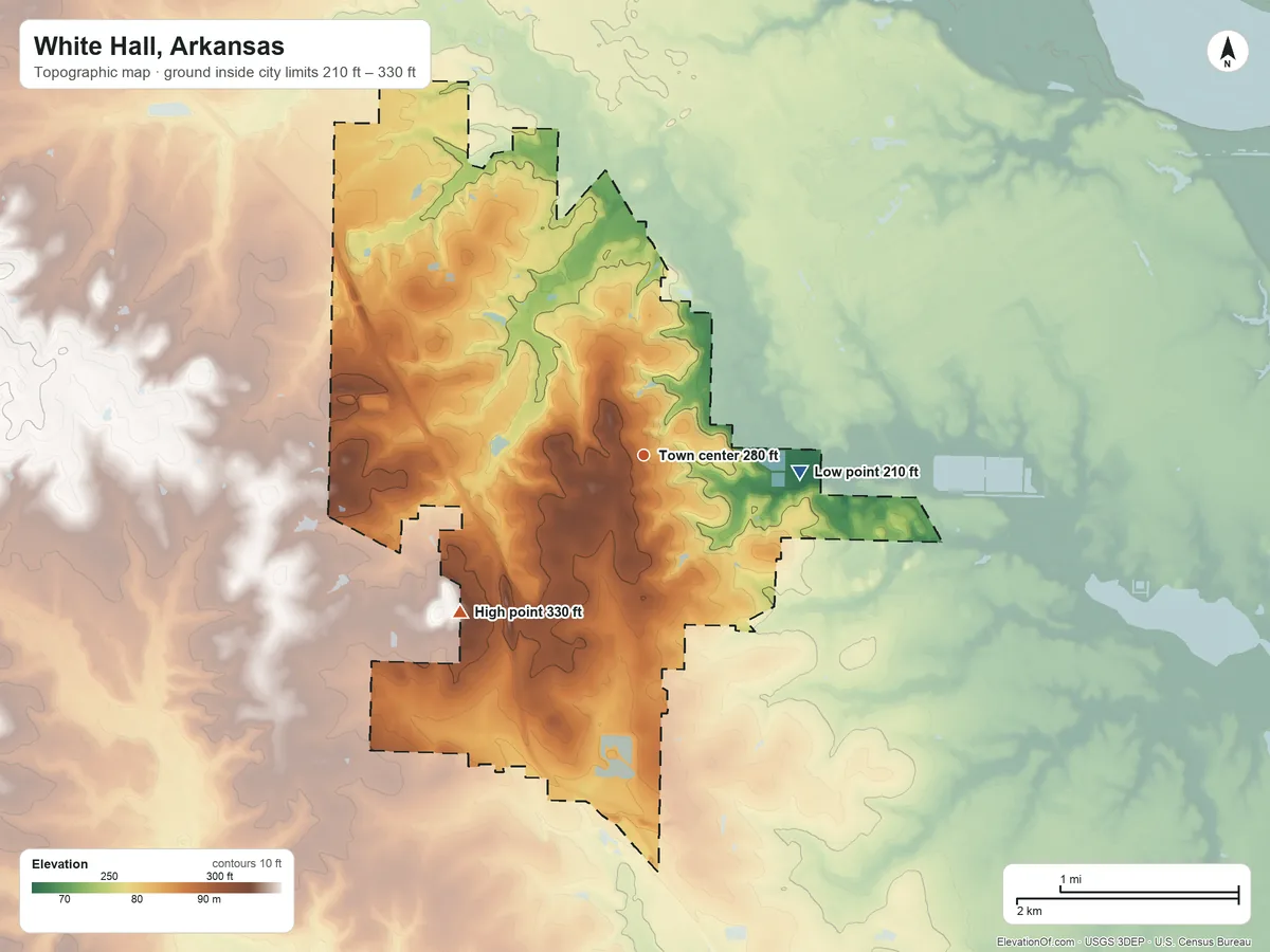 Topographic elevation map of White Hall, Arkansas, shaded from 210 ft on the east side to 330 ft on the southwest side