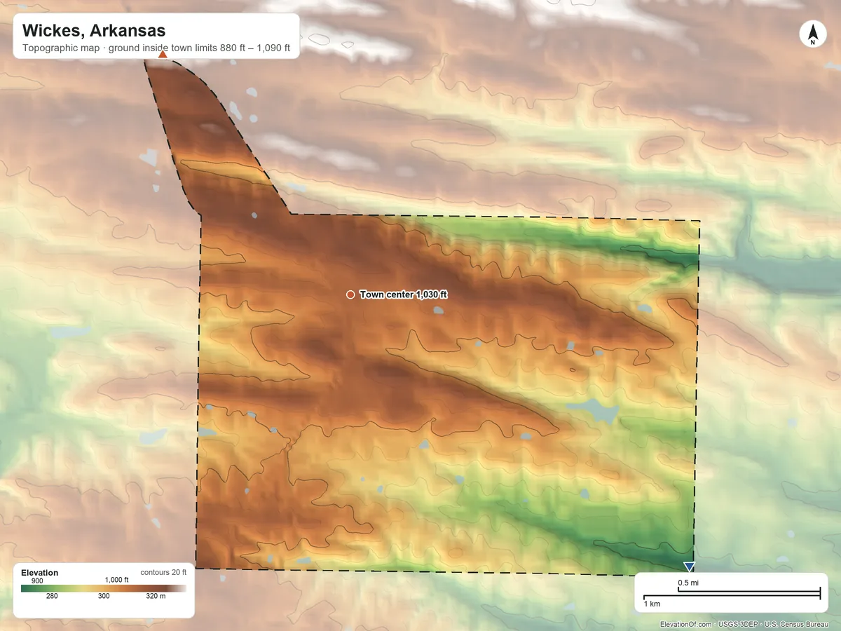 Topographic elevation map of Wickes, Arkansas, shaded from 880 ft on the southeast side to 1,090 ft on the northwest side