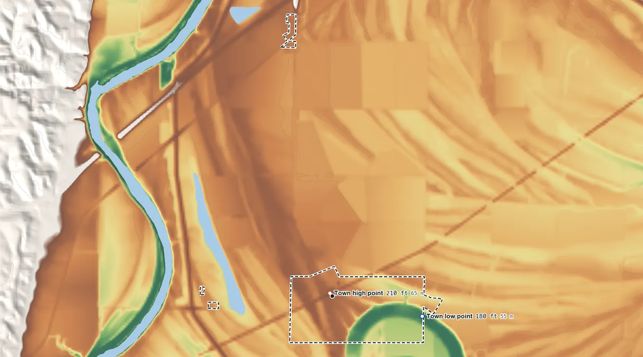 Topographic elevation map of Widener, Arkansas, shaded from 180 ft on the east side to 210 ft near the middle