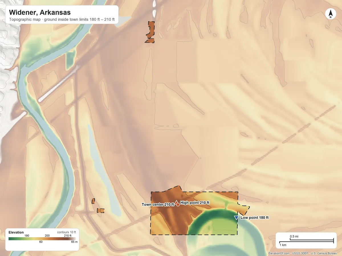 Topographic elevation map of Widener, Arkansas, shaded from 180 ft on the east side to 210 ft near the middle