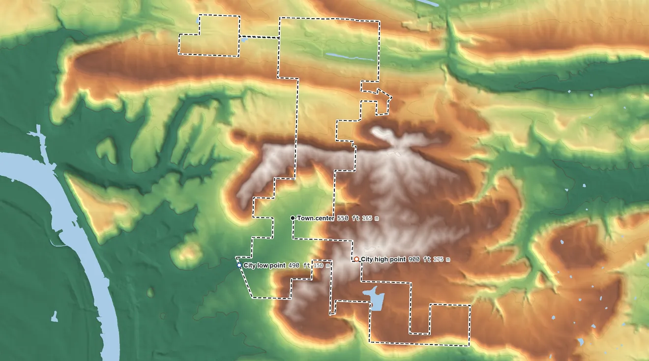 Topographic elevation map of Wiederkehr Village, Arkansas, shaded from 490 ft on the southwest side to 900 ft on the southeast side