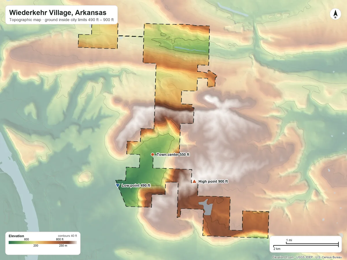 Topographic elevation map of Wiederkehr Village, Arkansas, shaded from 490 ft on the southwest side to 900 ft on the southeast side