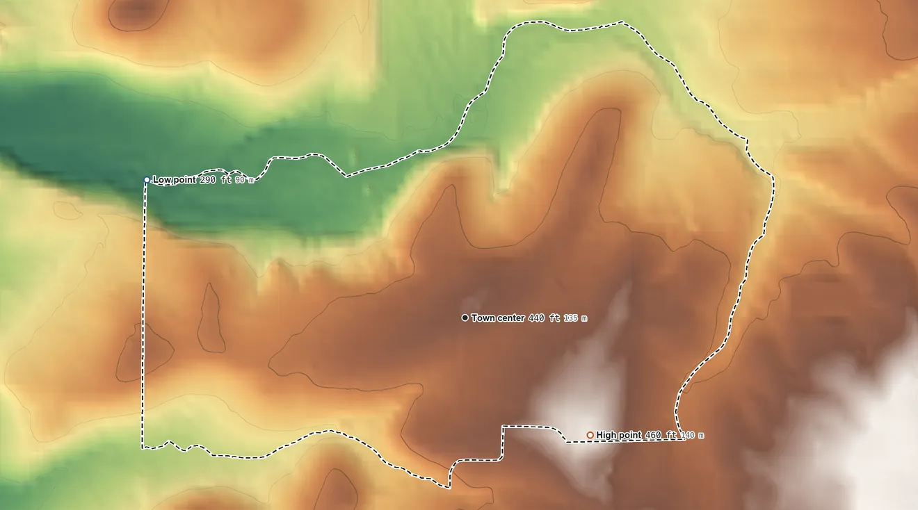 Topographic elevation map of Wilburn, Arkansas, shaded from 290 ft on the northwest side to 460 ft on the southeast side