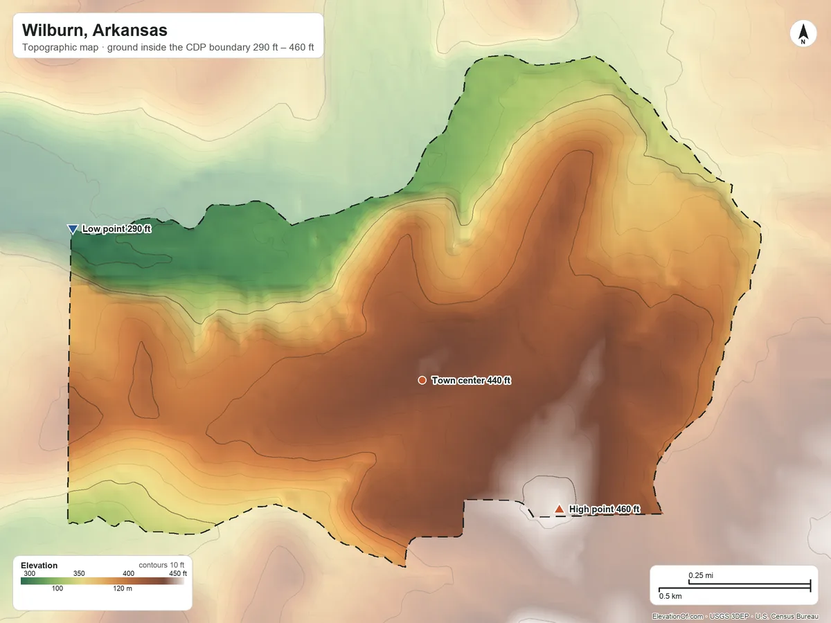Topographic elevation map of Wilburn, Arkansas, shaded from 290 ft on the northwest side to 460 ft on the southeast side