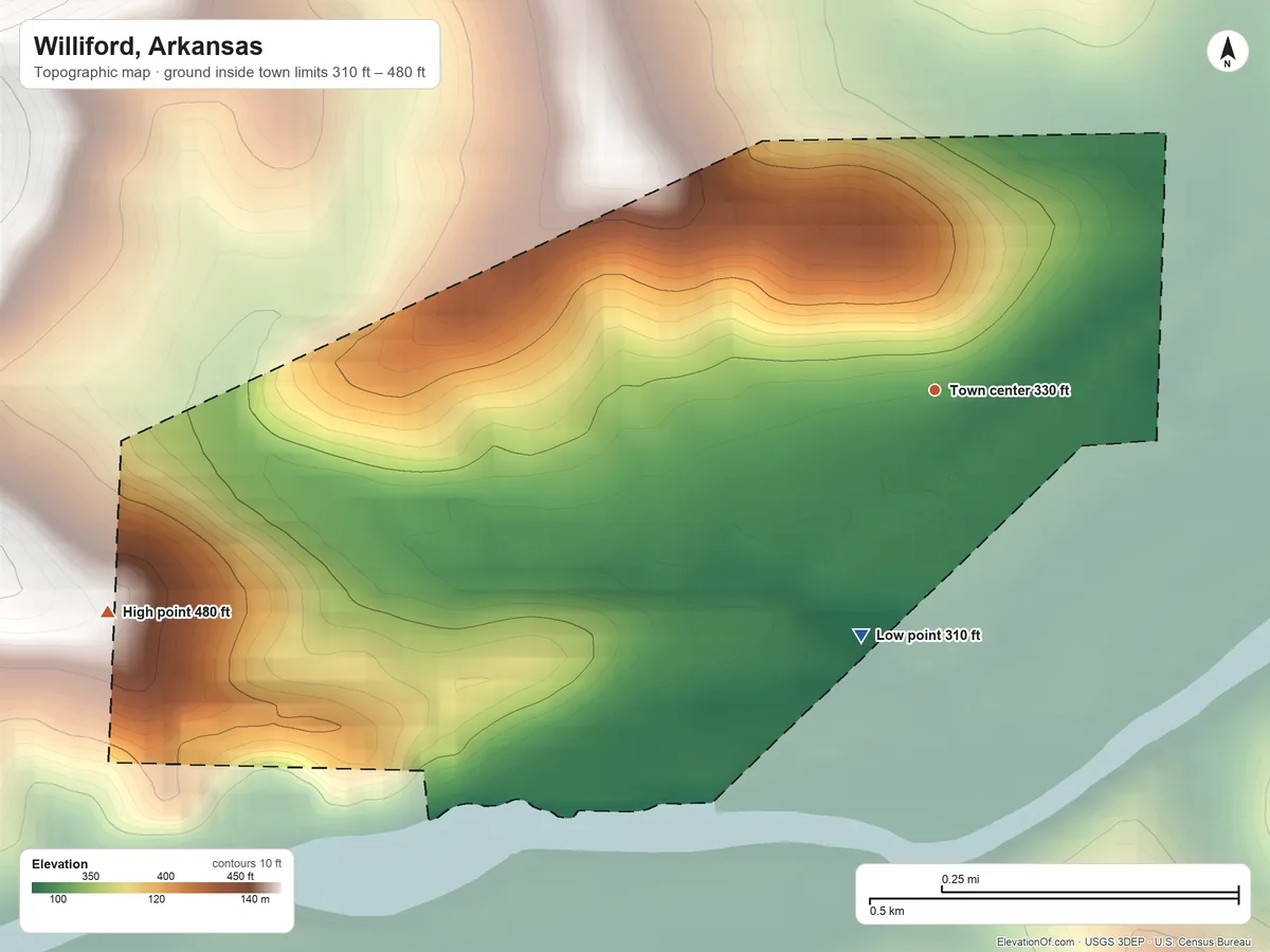 Topographic elevation map of Williford, Arkansas, shaded from 310 ft on the south side to 480 ft on the west side