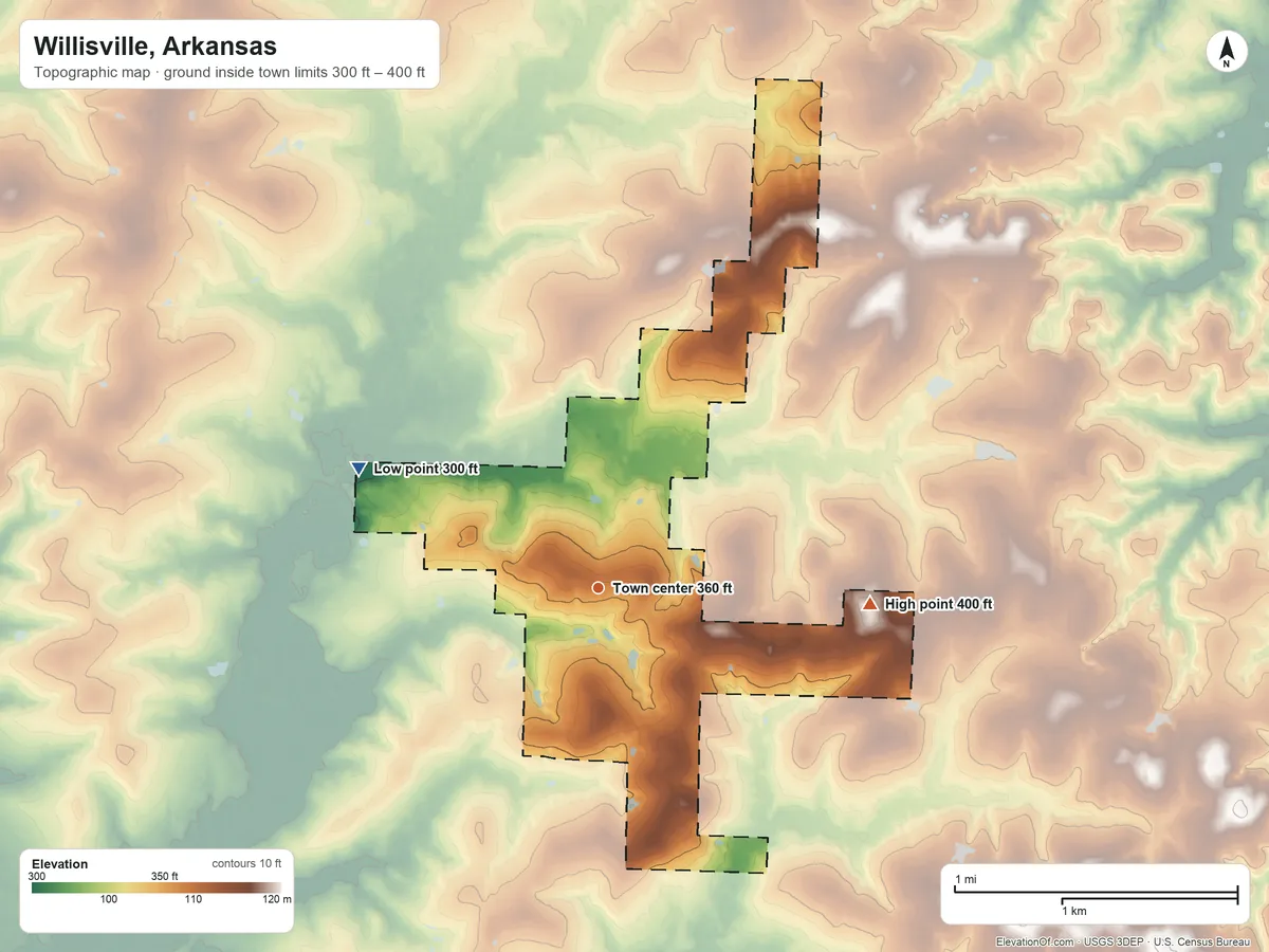 Topographic elevation map of Willisville, Arkansas, shaded from 300 ft on the northwest side to 400 ft on the east side