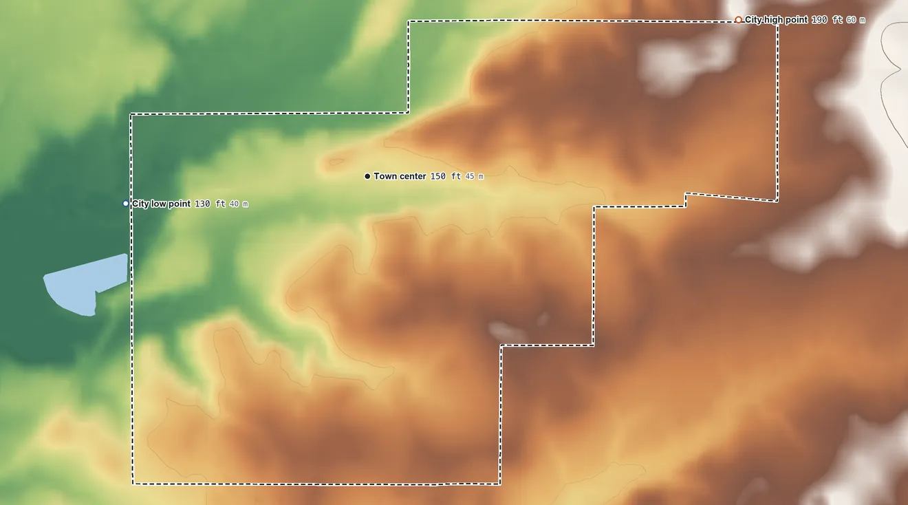 Topographic elevation map of Wilmar, Arkansas, shaded from 130 ft on the west side to 190 ft on the northeast side