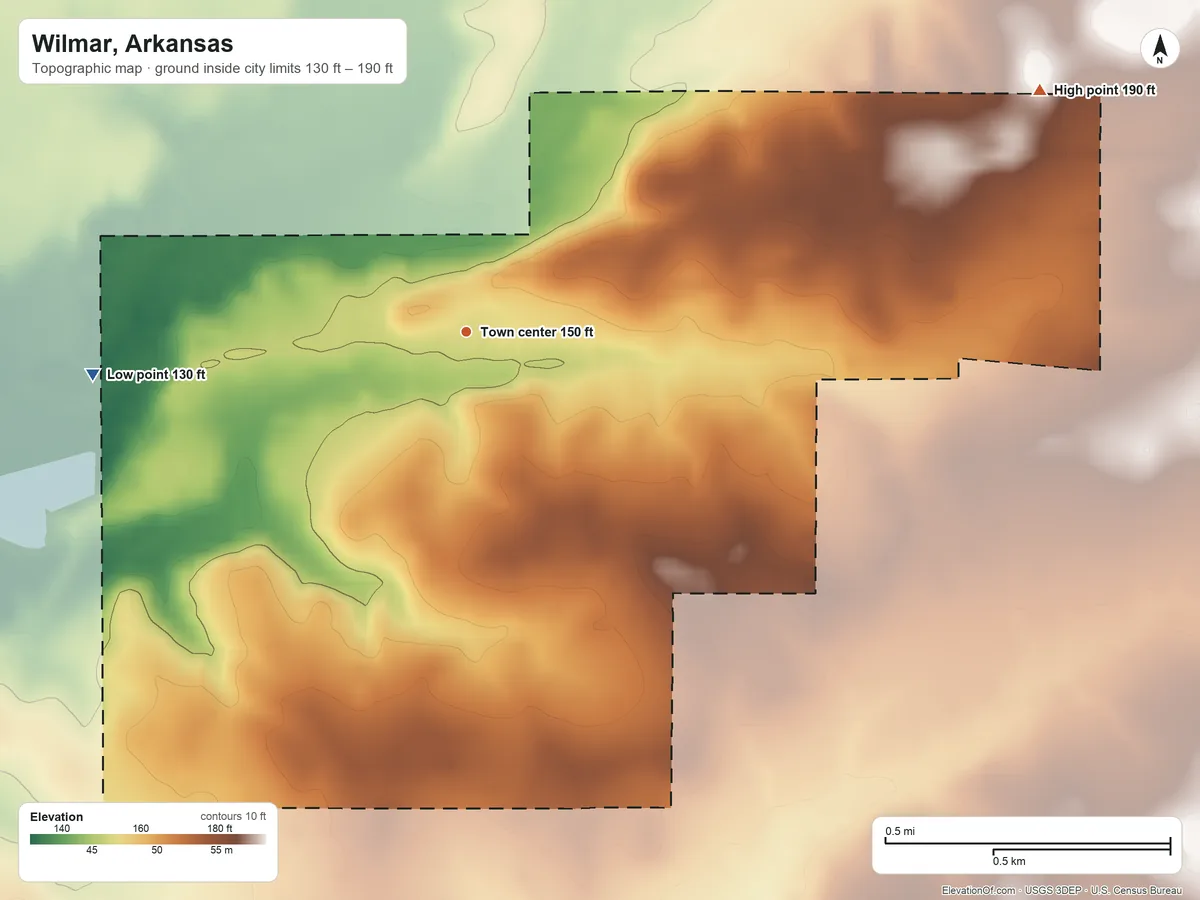 Topographic elevation map of Wilmar, Arkansas, shaded from 130 ft on the west side to 190 ft on the northeast side