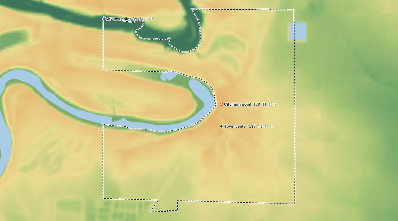 Topographic elevation map of Wilmot, Arkansas, shaded from 99 ft on the northwest side to 120 ft near the middle
