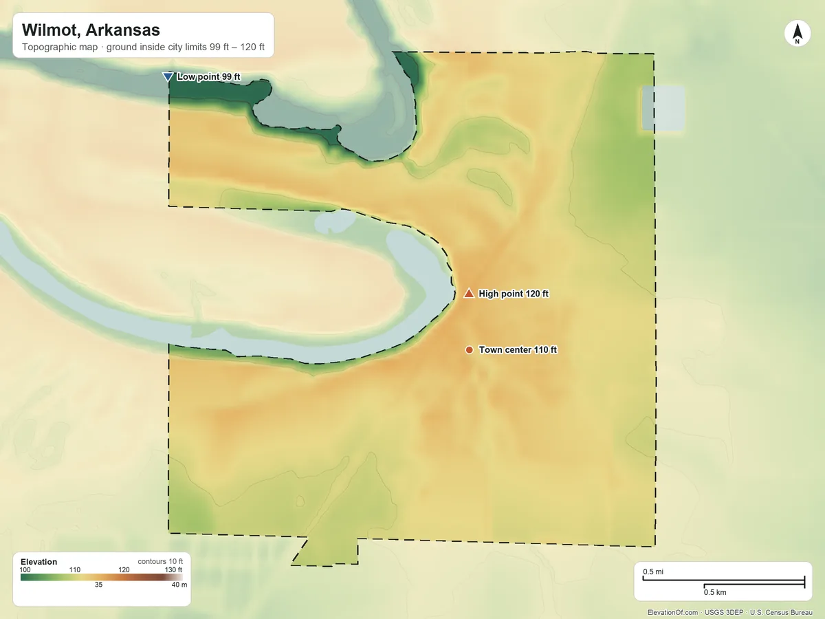 Topographic elevation map of Wilmot, Arkansas, shaded from 99 ft on the northwest side to 120 ft near the middle