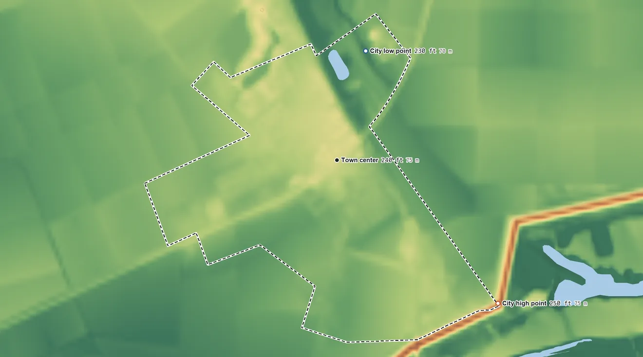 Topographic elevation map of Wilson, Arkansas, shaded from 230 ft on the north side to 250 ft on the southeast side