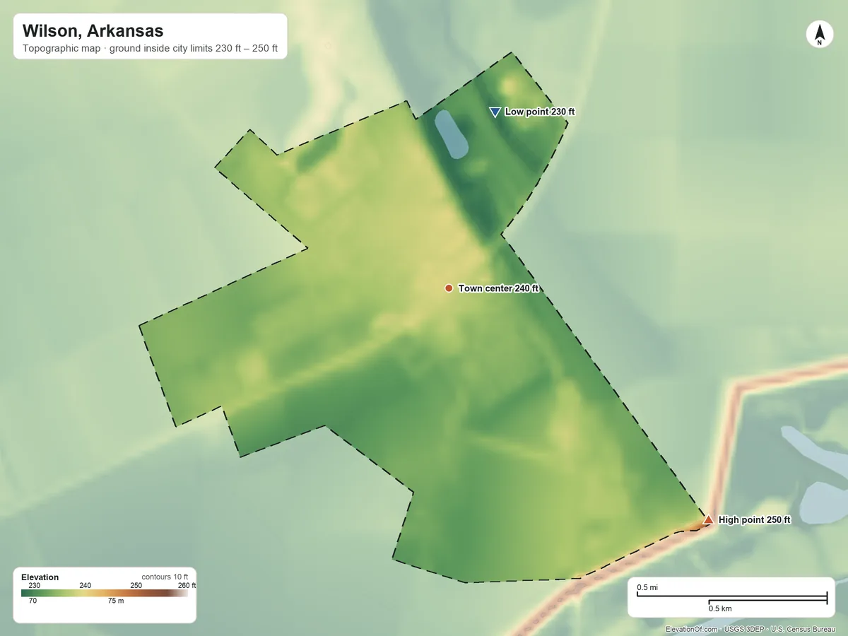Topographic elevation map of Wilson, Arkansas, shaded from 230 ft on the north side to 250 ft on the southeast side