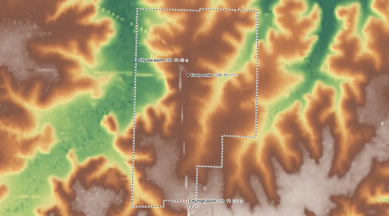 Topographic elevation map of Wilton, Arkansas, shaded from 280 ft on the west side to 320 ft on the south side