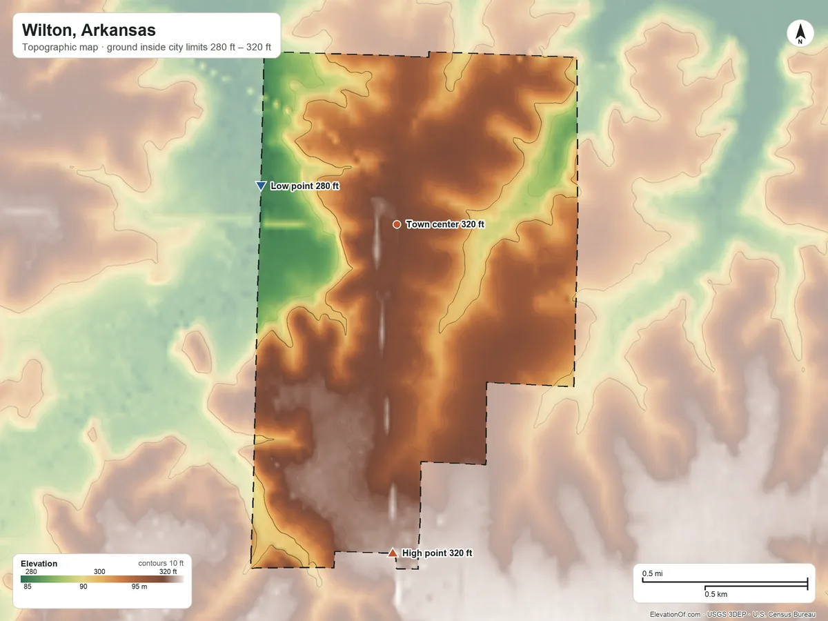 Topographic elevation map of Wilton, Arkansas, shaded from 280 ft on the west side to 320 ft on the south side
