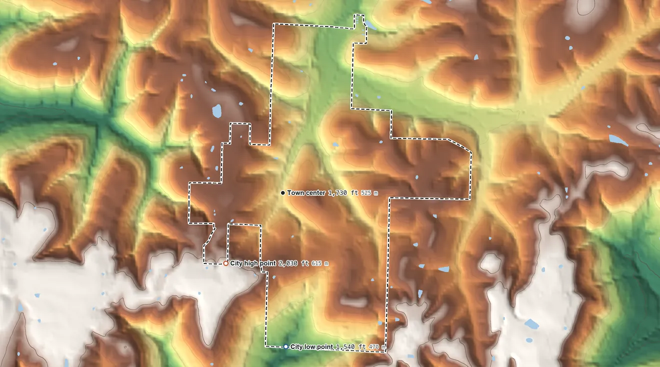 Topographic elevation map of Winslow, Arkansas, shaded from 1,540 ft on the south side to 2,030 ft on the southwest side