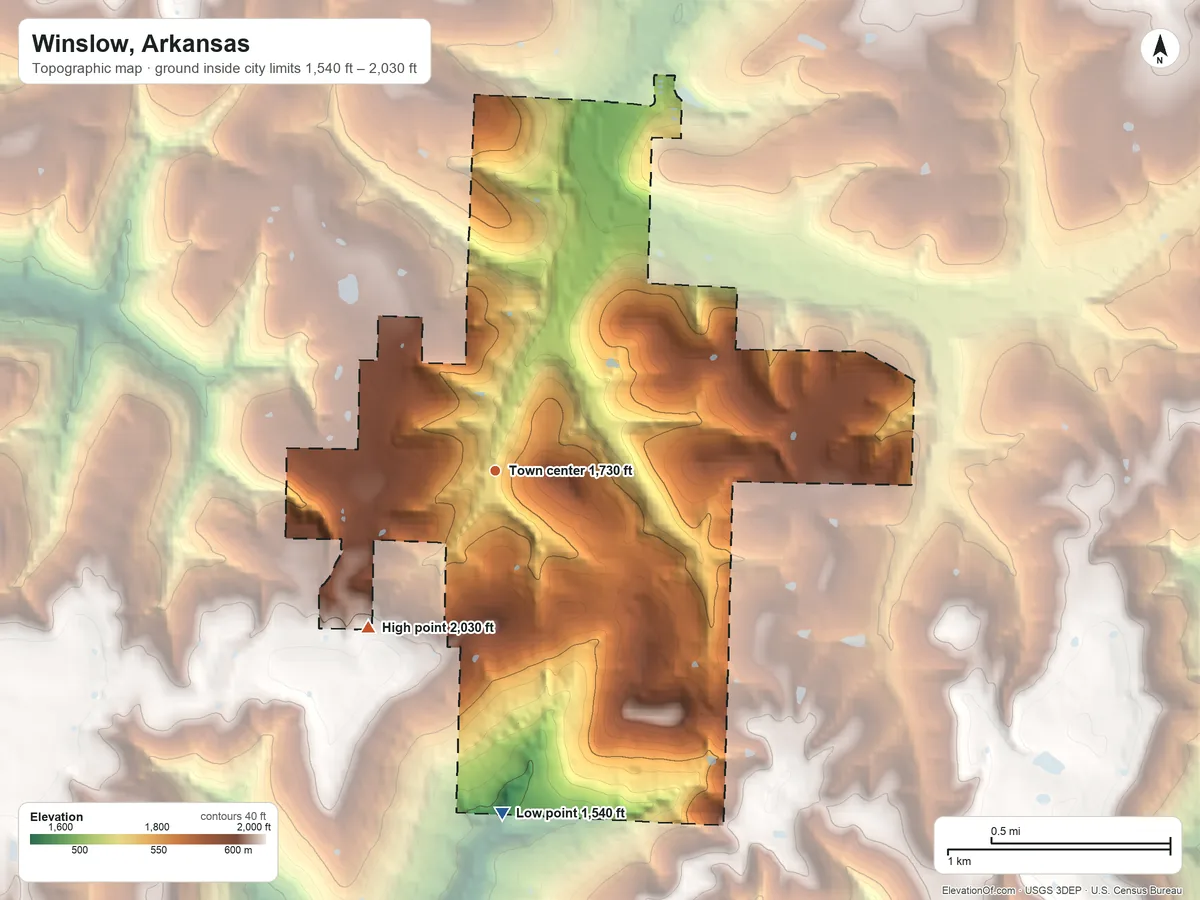 Topographic elevation map of Winslow, Arkansas, shaded from 1,540 ft on the south side to 2,030 ft on the southwest side