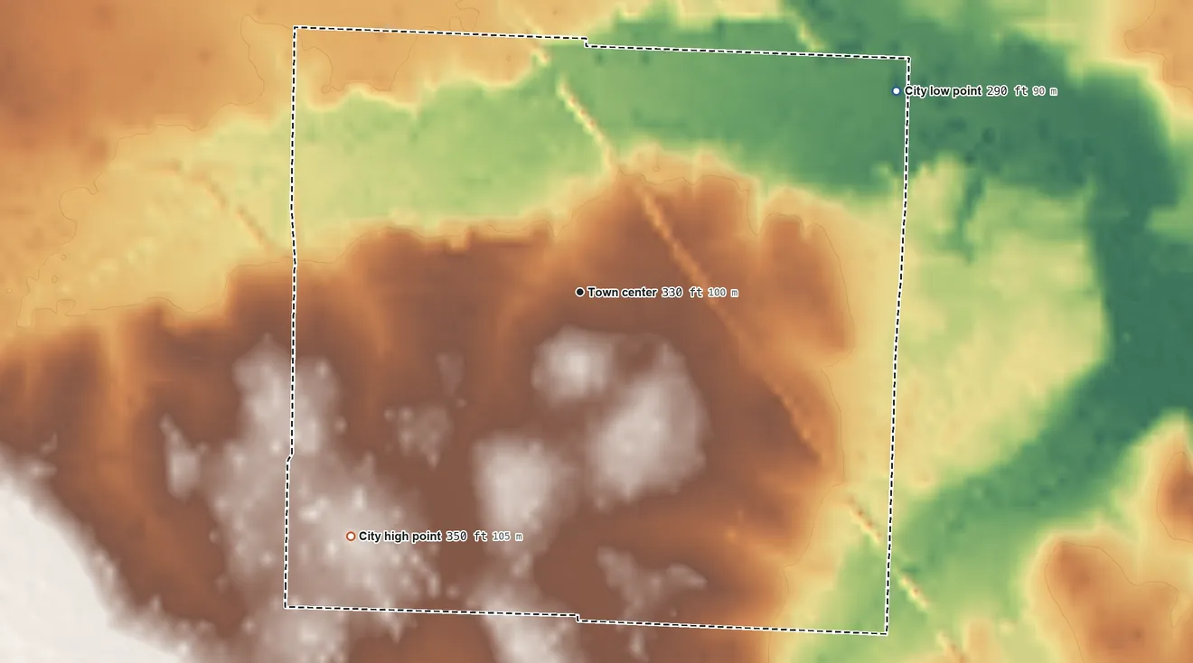 Topographic elevation map of Winthrop, Arkansas, shaded from 290 ft on the northeast side to 350 ft on the southwest side