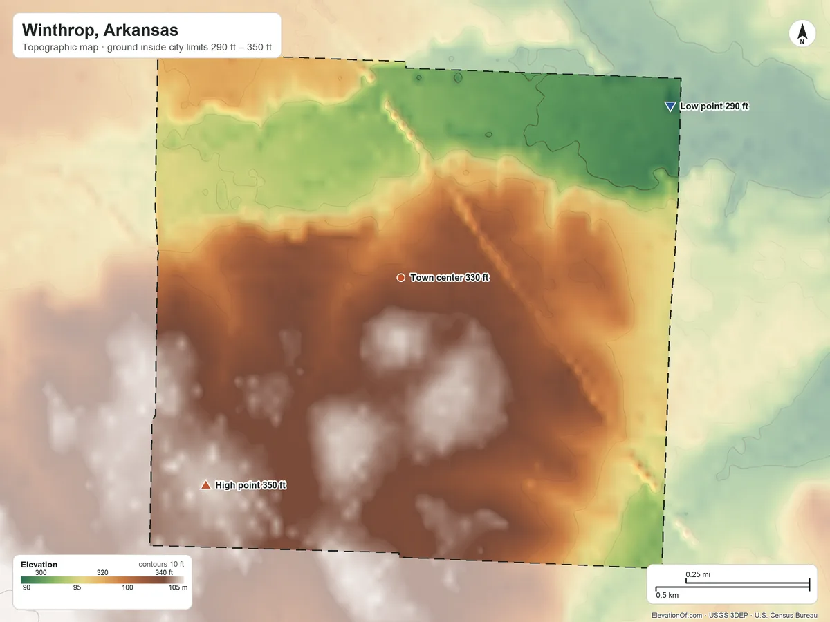 Topographic elevation map of Winthrop, Arkansas, shaded from 290 ft on the northeast side to 350 ft on the southwest side