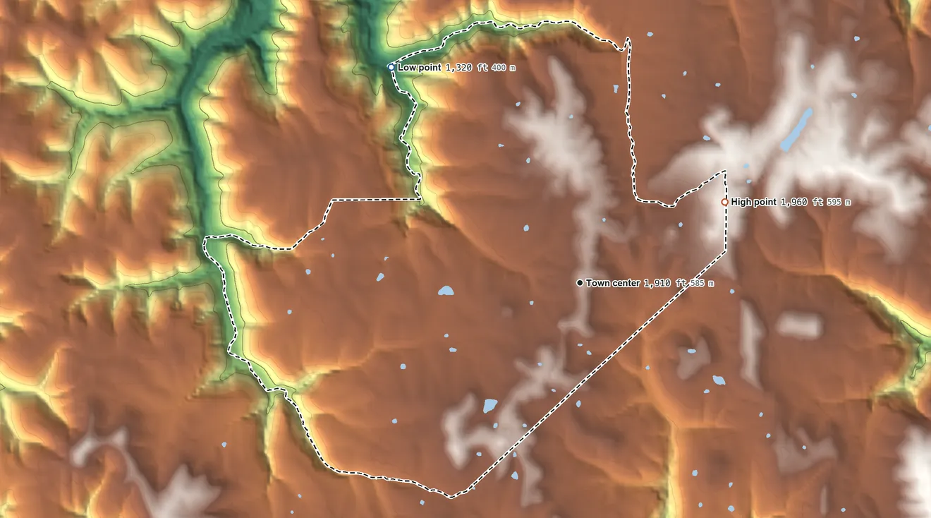 Topographic elevation map of Witts Springs, Arkansas, shaded from 1,320 ft on the northwest side to 1,960 ft on the northeast side
