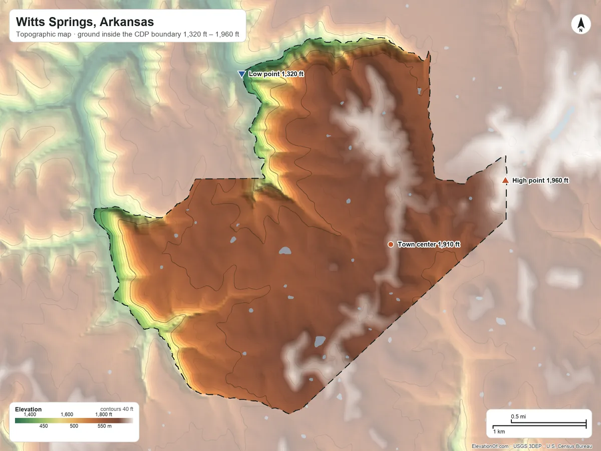Topographic elevation map of Witts Springs, Arkansas, shaded from 1,320 ft on the northwest side to 1,960 ft on the northeast side
