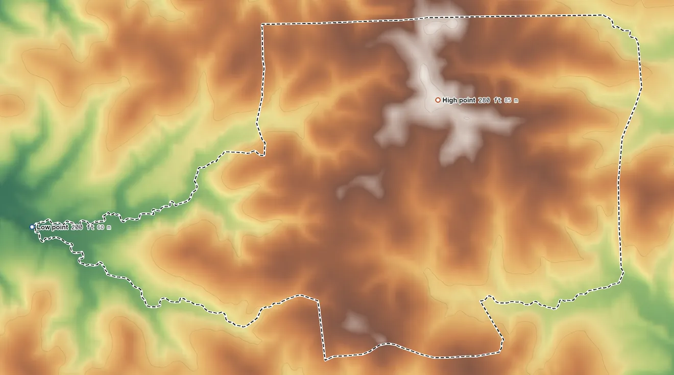 Topographic elevation map of Woodlawn, Arkansas, shaded from 200 ft on the west side to 280 ft on the northeast side