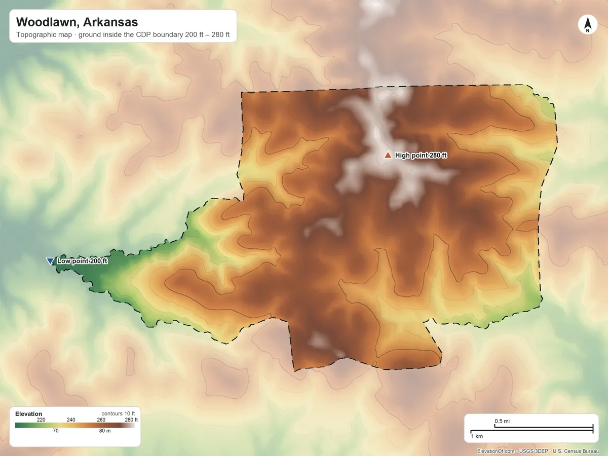 Topographic elevation map of Woodlawn, Arkansas, shaded from 200 ft on the west side to 280 ft on the northeast side
