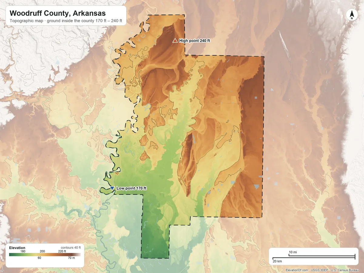 Topographic elevation map of Woodruff County, Arkansas, shaded from 170 ft on the southwest side to 240 ft on the north side