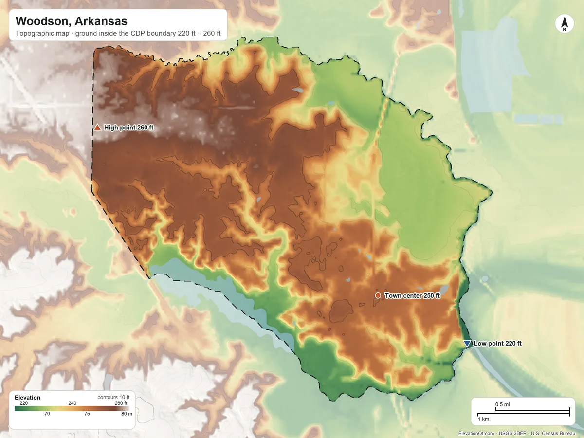 Topographic elevation map of Woodson, Arkansas, shaded from 220 ft on the southeast side to 260 ft on the northwest side