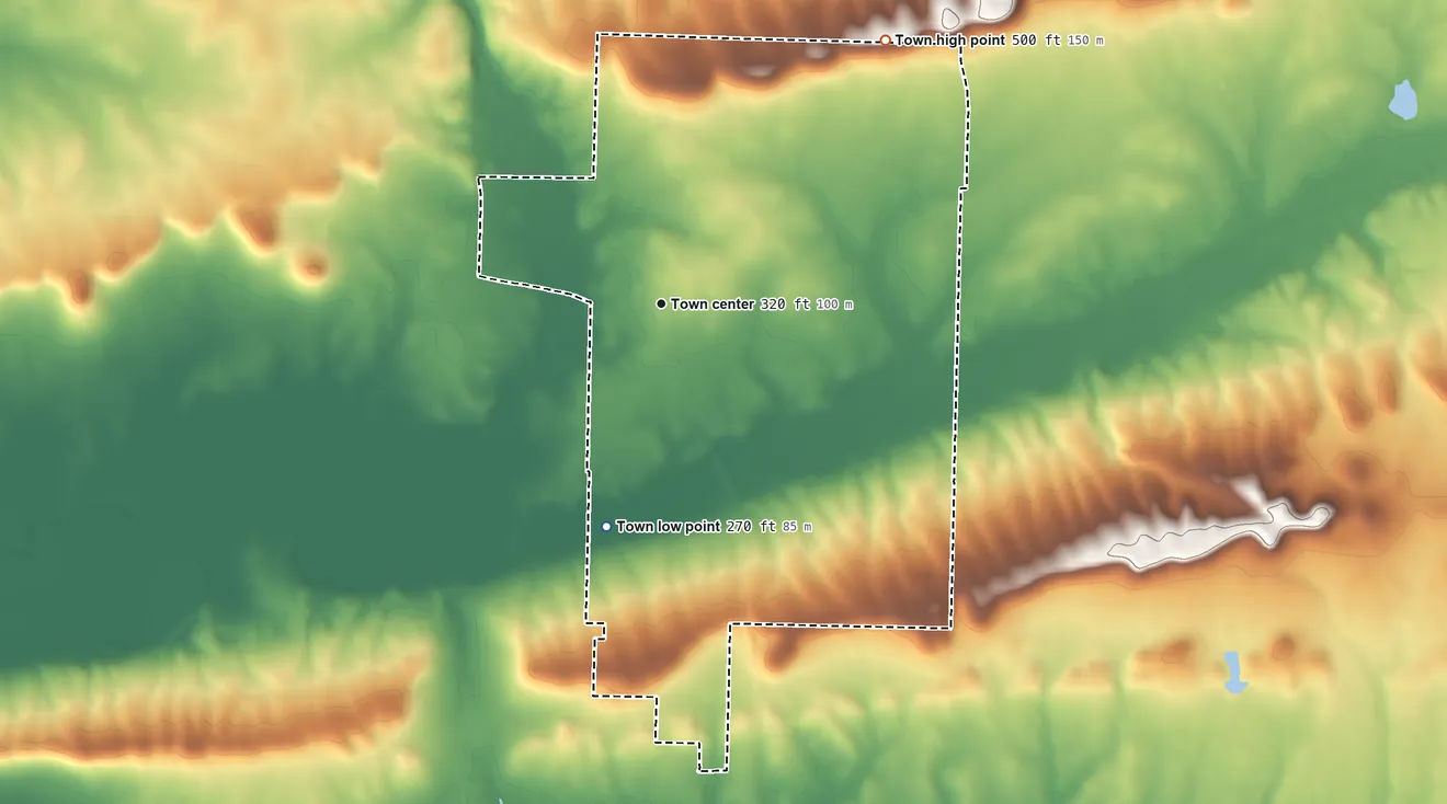 Topographic elevation map of Wooster, Arkansas, shaded from 270 ft on the south side to 500 ft on the northeast side