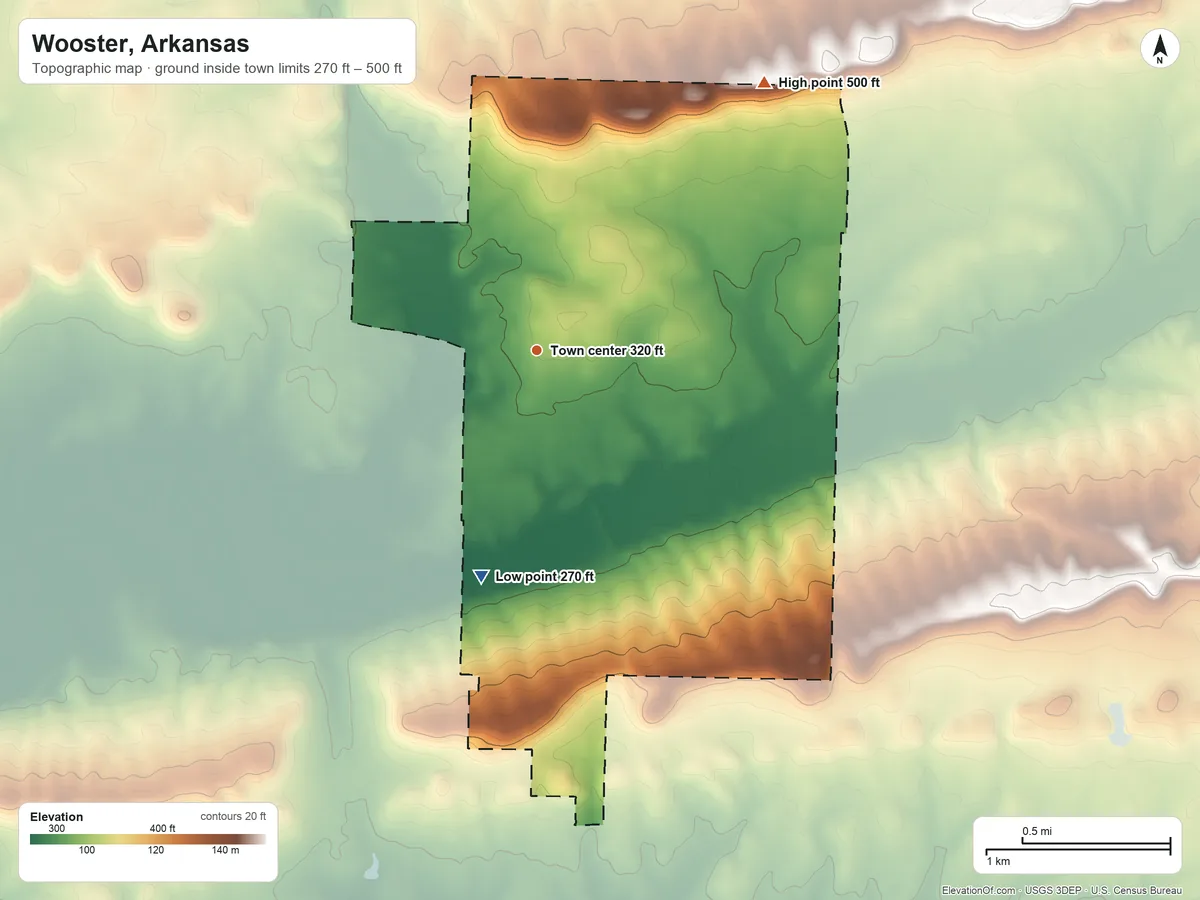 Topographic elevation map of Wooster, Arkansas, shaded from 270 ft on the south side to 500 ft on the northeast side