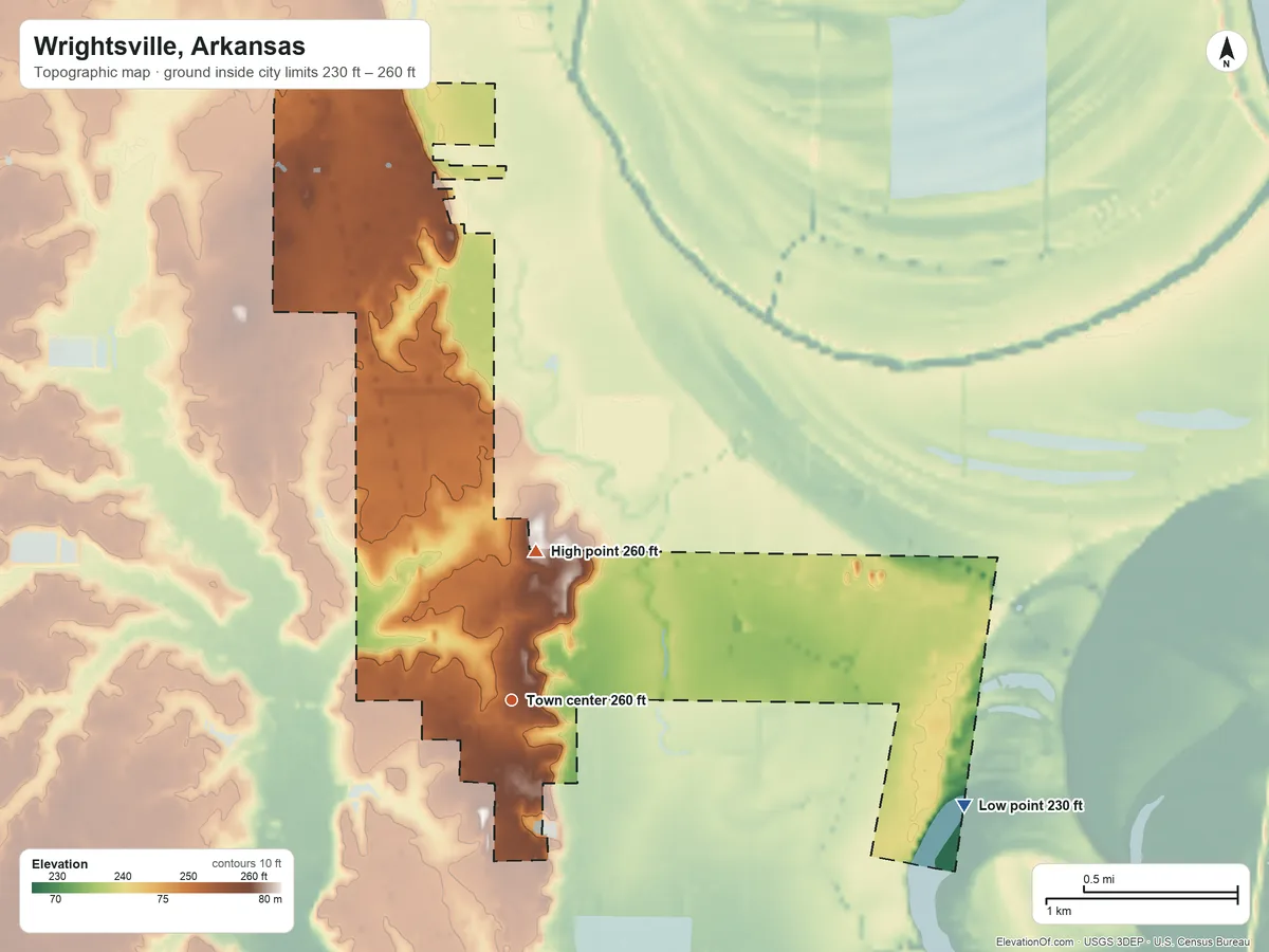 Topographic elevation map of Wrightsville, Arkansas, shaded from 230 ft on the east side to 260 ft on the north side