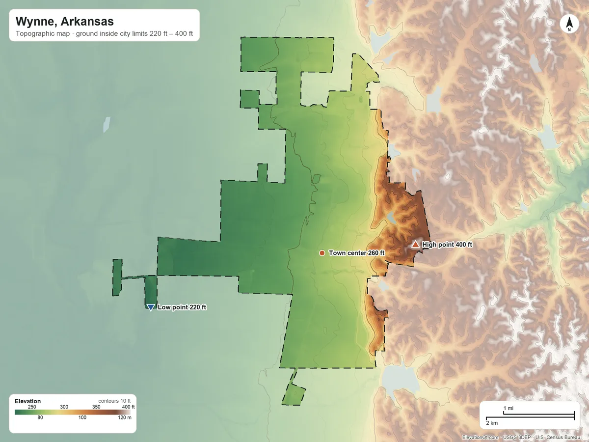 Topographic elevation map of Wynne, Arkansas, shaded from 220 ft on the west side to 400 ft on the east side