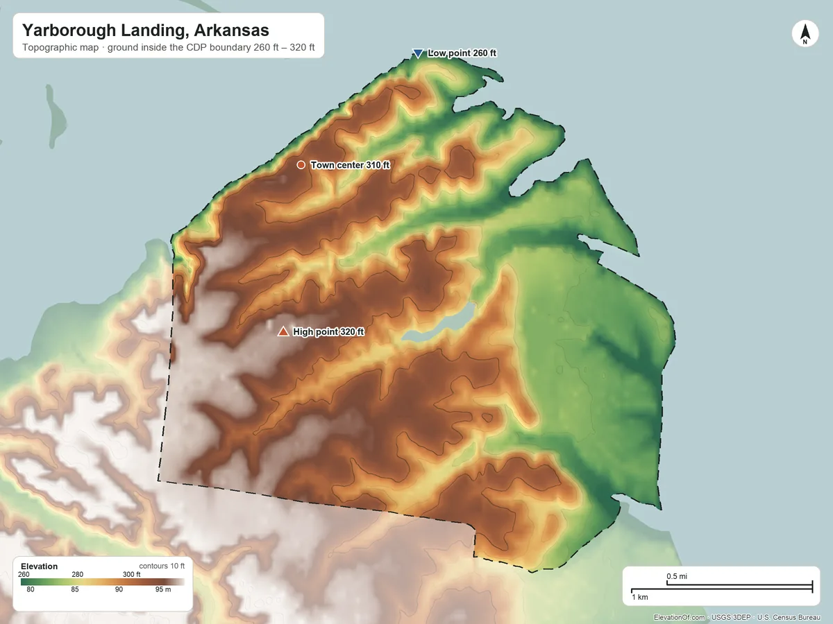 Topographic elevation map of Yarborough Landing, Arkansas, shaded from 260 ft on the northeast side to 320 ft on the south side