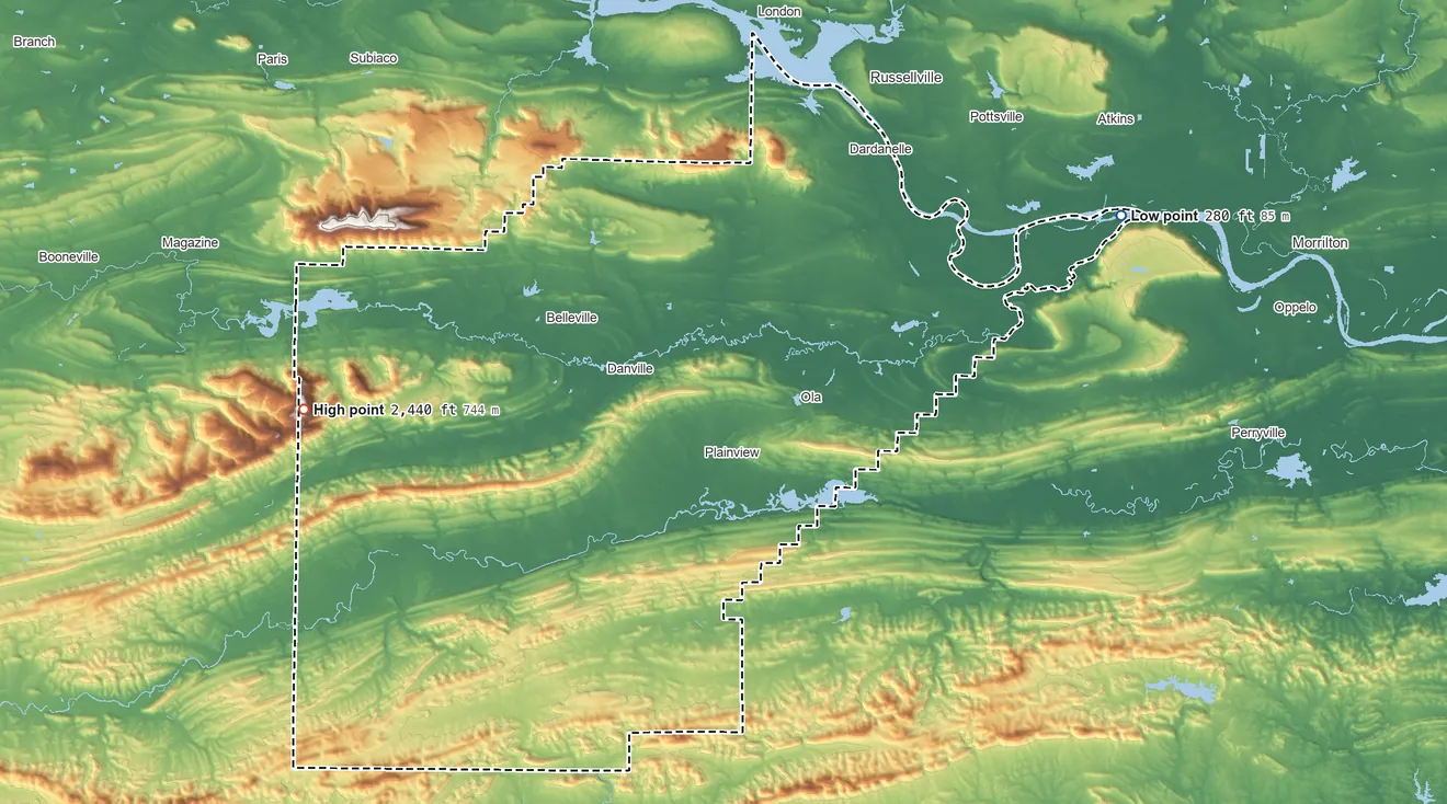 Topographic elevation map of Yell County, Arkansas, shaded from 280 ft on the northeast side to 2,440 ft on Petit Jean Mountain