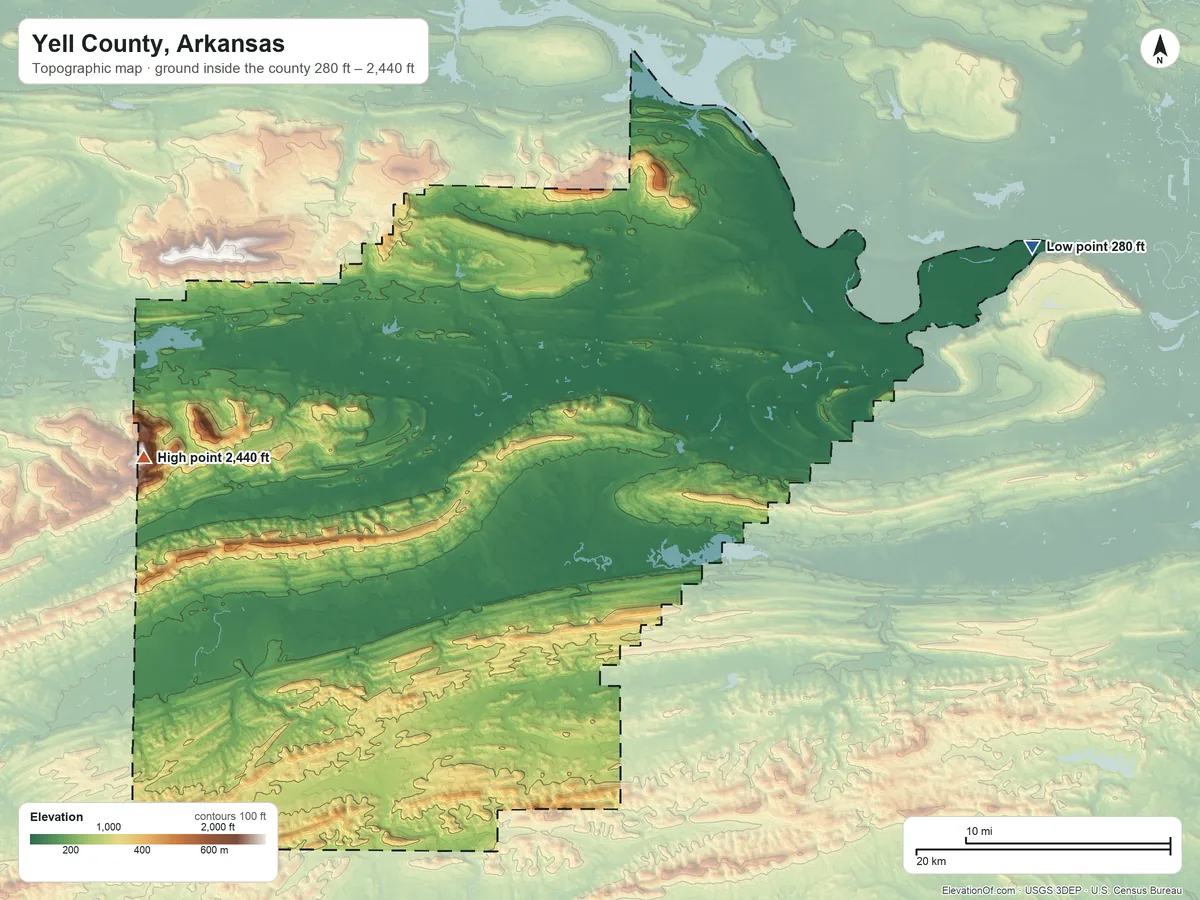 Topographic elevation map of Yell County, Arkansas, shaded from 280 ft on the northeast side to 2,440 ft on Petit Jean Mountain